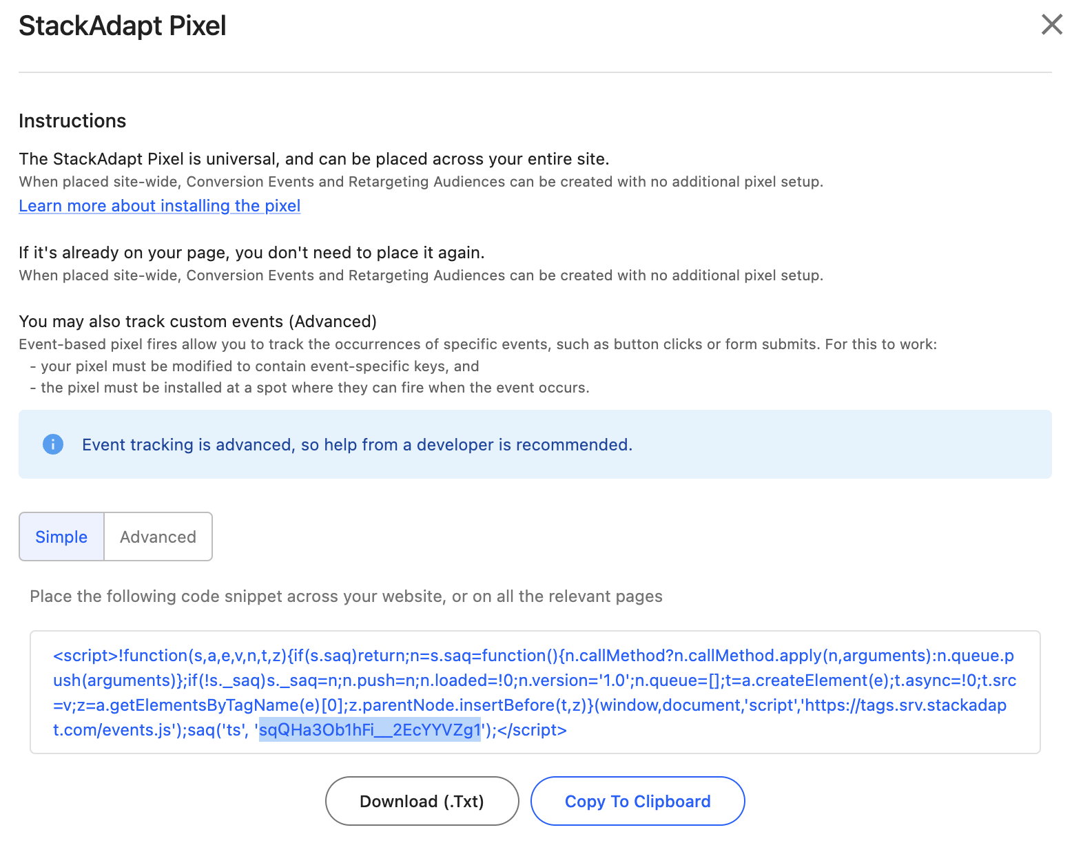 Image showing location of universal pixel ID in code snippet