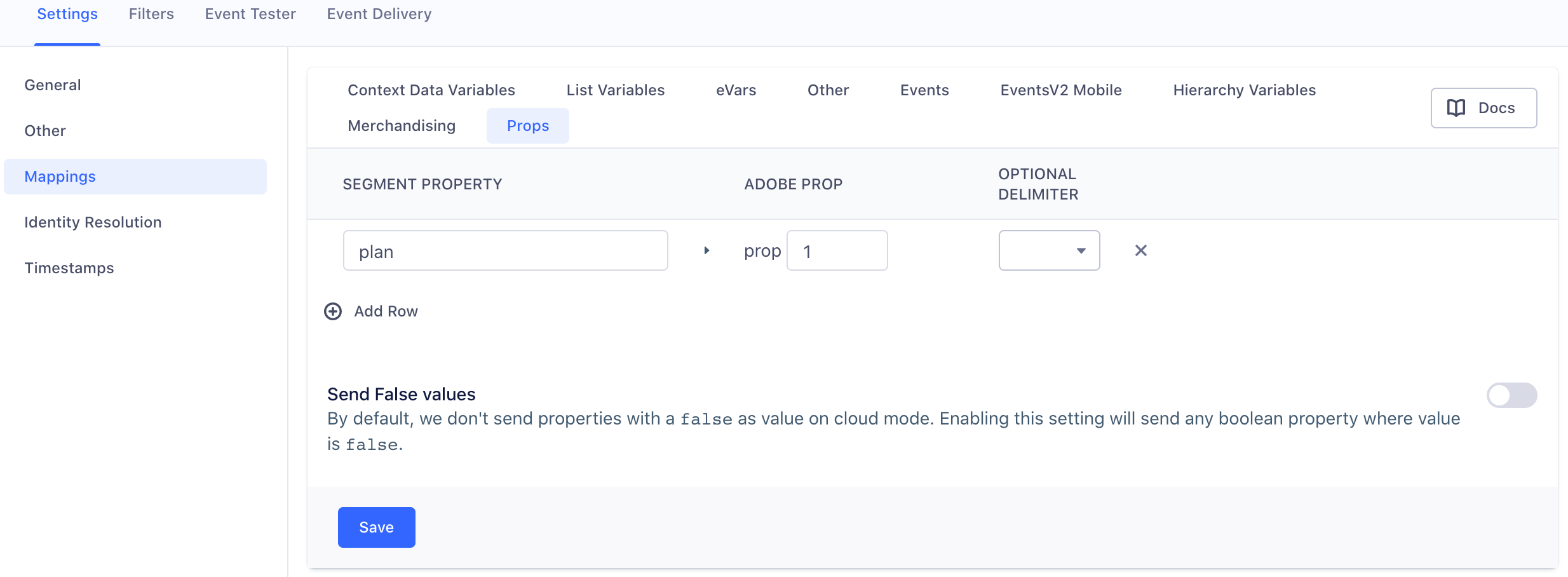 A screenshot of the Adobe Analytics settings page in Segment, with the Mappings section selected and a sample property mapping under the Props tab.