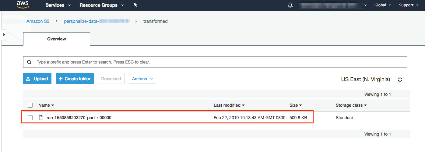 A screenshot of the overview for the personalize data bucket created in step 1.