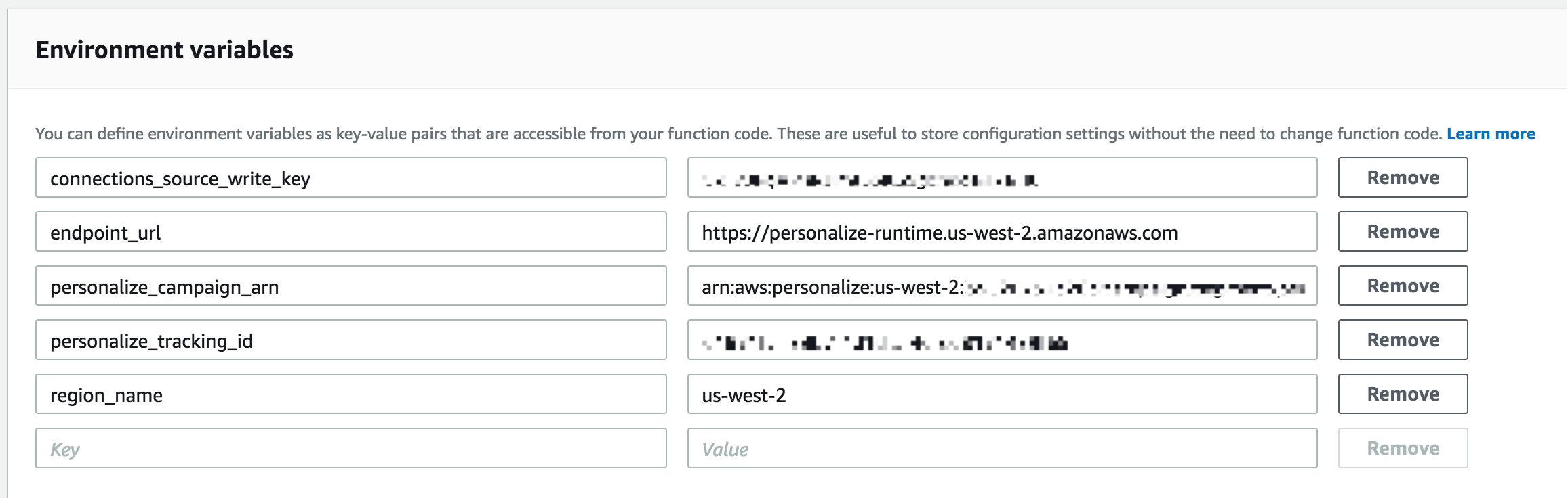 A screenshot of the environmental variables panel, with a key/value pair of personalize_campaign_arn included.