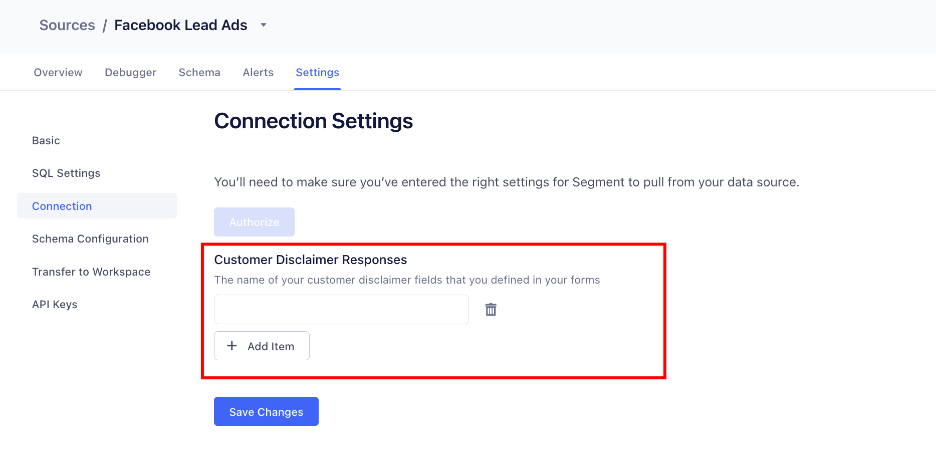 A screenshot of the settings page for a Facebook Lead Ads source, with a red box around the Customer Disclaimer Responses setting.